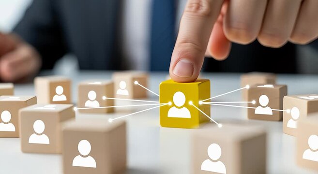 Human resources selection concept with finger choosing yellow cube with person icon