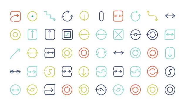 Minimalist flowchart icon set with arrows, circles, and rectangles in pastel tones. Simple white-background UI assets for diagrams, guides, and workflows.