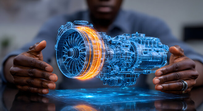 Man interacting with futuristic holographic 3D engine model projection