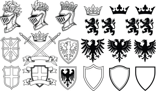 Medieval Heraldic Elements Illustration Set with Knights Helmets, Shields, Swords, Eagles, Lions, and Crowns for Coat of Arms, Fantasy, and Historical Design