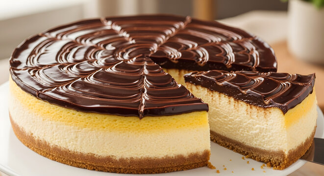 Delicious chocolate cheesecake with a slice cut out, ready to eat.