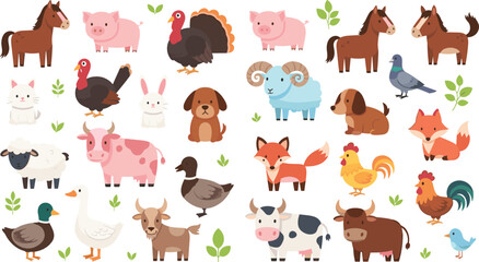 Fototapeta premium Farm and Wildlife Animals Illustration Set with Cow, Pig, Sheep, Horse, Chicken, Duck, Fox, and Forest Creatures for Agriculture and Nature Design