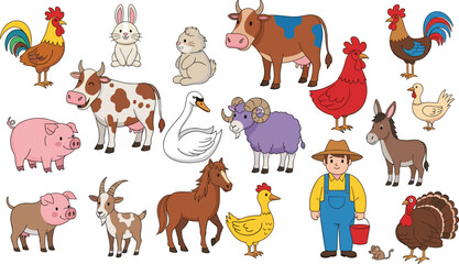 Fototapeta premium Farm Animals Illustration Set with Cow, Pig, Chicken, Sheep, Goat, Horse, Donkey, Rabbit, and Farmer Character for Agriculture and Rural Life Design