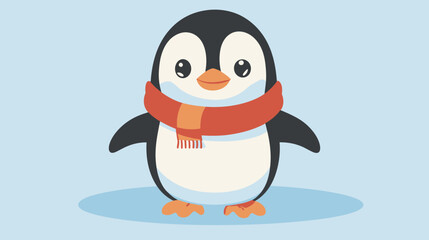 Naklejka premium Cute cartoon penguin wearing a red scarf on light blue background