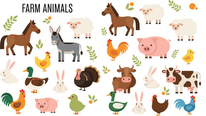 Fototapeta premium Farm Animals Illustration Set with Cow, Pig, Horse, Sheep, Chicken, Duck, Rabbit, and Rooster for Agriculture, Livestock, and Rural Countryside Design