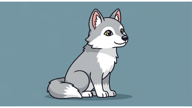 Cute Cartoon Gray Wolf Puppy Sitting.