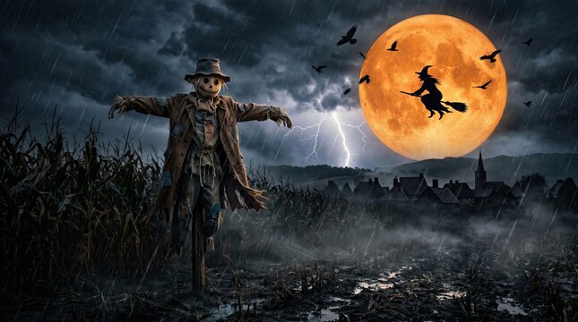 Scarecrow standing alone in a cornfield on a stormy halloween night with a giant orange moon and witch flying overhead