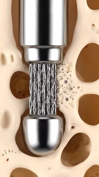 Close Up of Dental Implant Placement Procedure Showing Bone Structure and Surgical Tool in Detailed Animation