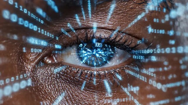 Closeup of human eye with digital binary code highlighting artificial intelligence and digital evolution