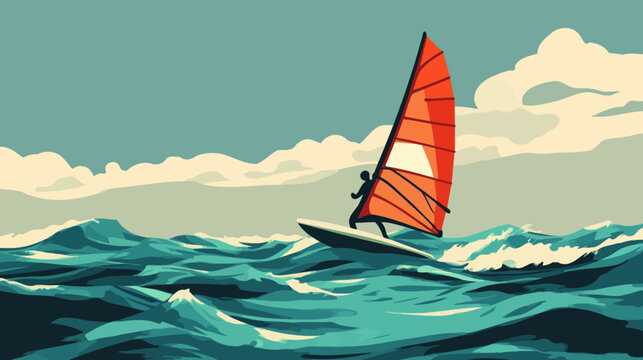Sailboats on choppy sea with cloudy sky, vibrant orange sail