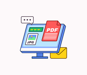 Website to pdf conversion illustration with monitor file formats and messaging concept vector hand drawn style © Walt