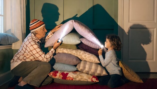 Grandparent and grandchild build a lopsided pillow fort in the living room, flashlight shadows and playful chaos. Cozy family scene for childhood joy.