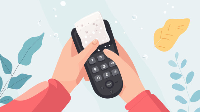 Hands holding remote control and washing cloth, indoor setting