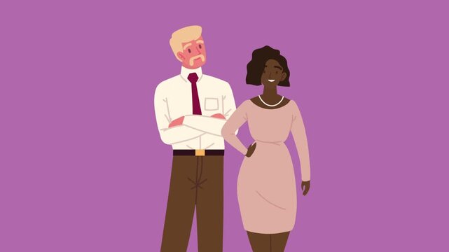 Interracial business partners standing together with confidence on purple background.