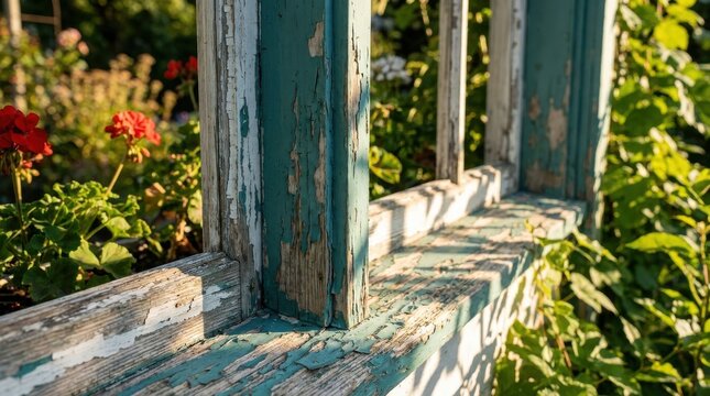 Close-up of weathered wooden window mullion with chipped teal and white paint in a garden setting