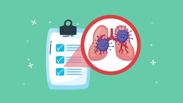 Clipboard with medical checklist and lungs infected by cartoon virus, animation.