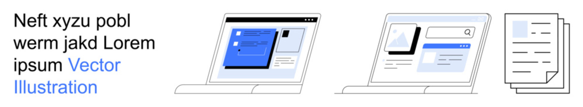 Digital technology, productivity, workflow management, online work, software applications, document organization. Three laptops display interfaces, accompanied by a document stack. Digital technology