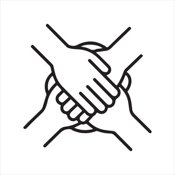 Four hands clasped together in a circle representing unity and teamwork.