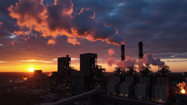 Industrial factory at sunset emphasizing automated processes and modern factories
