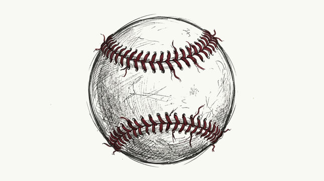 Hand drawn illustration of a classic baseball with red stitching.
