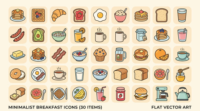 Set of 50 Hand Drawn Minimalist Breakfast Icons.