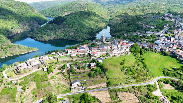 Aerial view of the historic town of Viana do Bolo and the river, Spain.