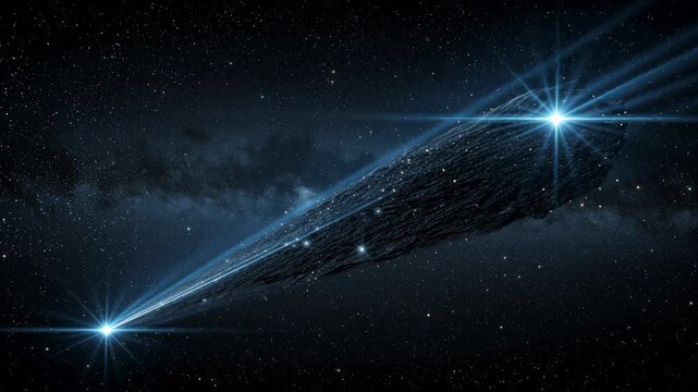 Intergalactic spacecraft maneuvering through stellar clouds outer space digital art cosmic environment dramatic viewpoint