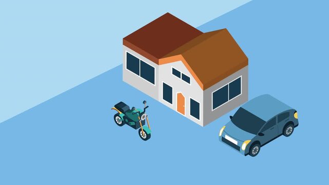 Isometric view of a house, motorcycle, and car motion graphic illustrating property ownership and different modes of transportation.