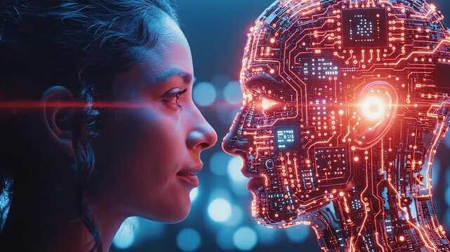 Human face and AI circuitry side by side symbolizing the cutting-edge of futuristic design