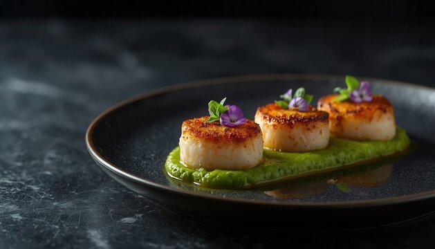 Elegant plate of seared scallops on green puree topped with purple flowers fine dining food photography plated food purple flower pan seared food styling main course seafood dish luxury food