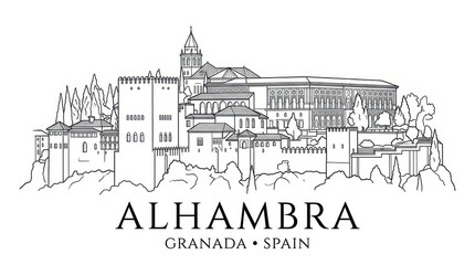 Fototapeta premium Alhambra Castle - Granada Spain Outline Drawing