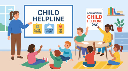 Naklejka premium Teacher educating children about child helpline service in classroom