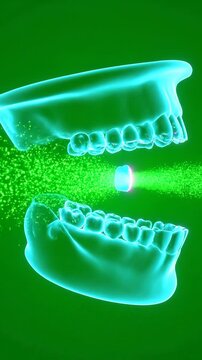 Abstract 3D Animation of Glowing Cyan Human Teeth and a Central Tooth Undergoing Laser Treatment on a Vibrant Green Background