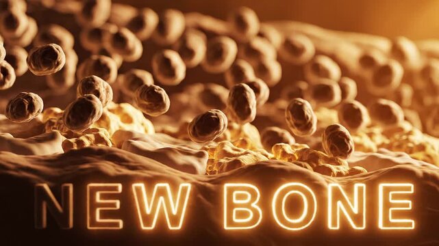 Microscopic view of new bone formation with osteoblasts and bone matrix, illustrating bone healing and regeneration process in detail