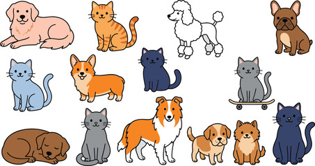 Obraz premium Cute Dogs and Cats Illustration Set with Golden Retriever, Corgi, Poodle, Bulldog, Collie, and Kittens in Cartoon Style for Pet Design Collection