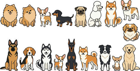 Cute Dog Breeds Collection Illustration with Pomeranian, Chihuahua, Dachshund, Pug, Poodle, Shiba Inu, Husky, Doberman, and Shepherd for Pet Design © MdSumon