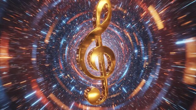Golden music note in space tunnel highlighting geometric patterns and contemporary art