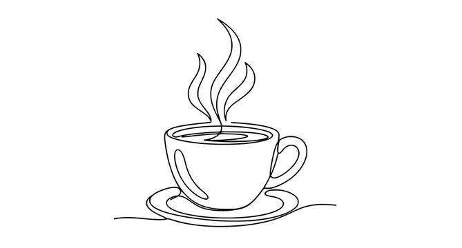 Continuous line drawing of a steaming hot cup of coffee on a saucer