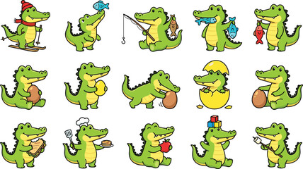 Obraz premium Cute Cartoon Crocodile Mascot Character Set Pack Featuring Diverse Activities Like Fishing, Skiing, Cooking, Eating, Hatching From Egg, and Roasting Marshmallows for Kids Designs