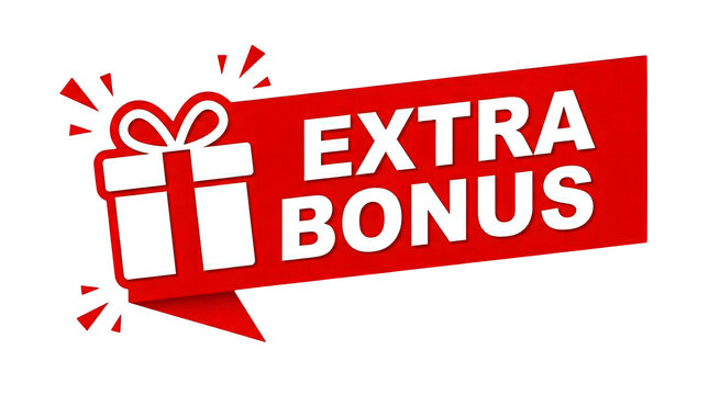 Red extra bonus gift tag with white present and text on white background