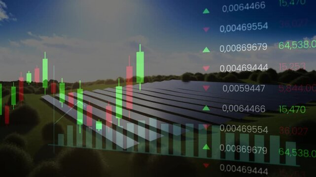 Solar Panels Background with Financial Stock Market Graph Overlaid Green Energy Investment and Trading Concept.