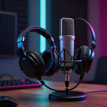 Cyberpunk Microphone Black. Microphone And Headphones On Neon-Lit Black Stand In Sound Studio Setting