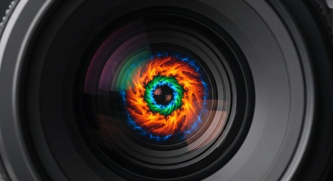 Close up view of a camera lens aperture with colorful light reflection inside the glass showing a vibrant pattern of red orange and green circular shapes