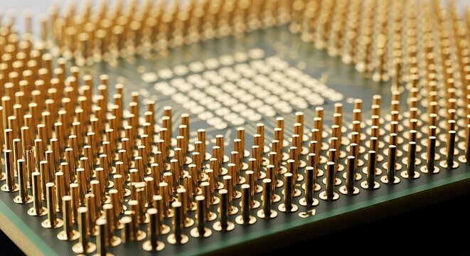 Close up view of a computer processor CPU showing gold contact pins and electronic circuitry on the circuit board for high performance computing technology