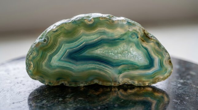 Polished agate slice revealing intricate swirling patterns of blue and green hues, a natural wonder for decorative and artistic display.