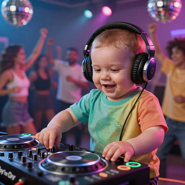 Retrofuturism Dj Kid. Adorable Baby Dj In A Disco Setting
