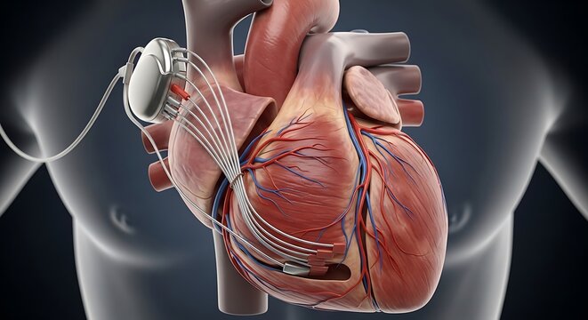 Medical illustration of a human heart with an implanted electronic pacemaker device showing wire leads connected to the heart chambers for rhythm control