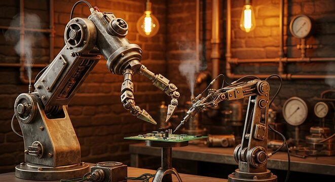 Industrial robotic arms working on a circuit board in a dark workshop with glowing light bulbs and steampunk style equipment in the background