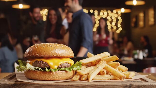 Delicious cheeseburger with crispy fries on rustic wooden table in lively restaurant setting with friends