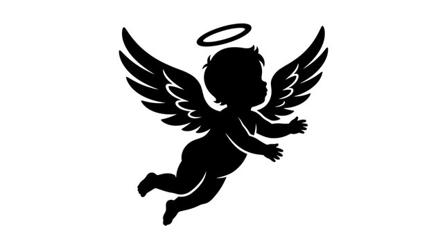 Silhouette of a cute little cherub angel flying with wings and halo.
